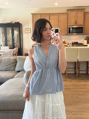 Banana Republic Sleeveless Blue Striped V-Neck Peplum Top